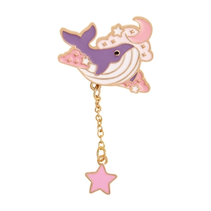Cute purple whale enamel pin with pink clouds and gold moon star charms accessory