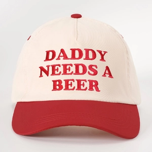 Two-tone cotton baseball cap with red Daddy Needs A Beer embroidery on cream crown