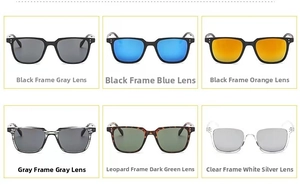 Detailed color chart showing six different square frame sunglasses with silver rivets