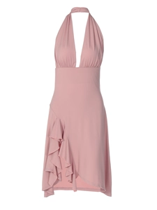 Pink backless halter neck dress with deep V-neck and ruffled hemline for summer