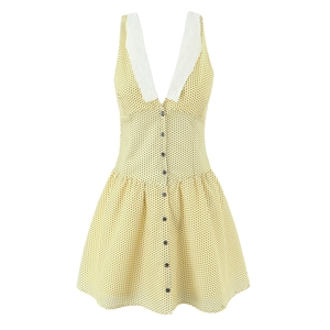 Polka Dot Mini Dress Lace V Neck Sleeveless Button Front Retro Sweet French Style For Women