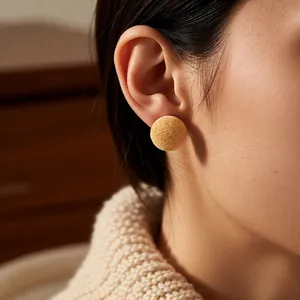 Chic round camel velvet stud earrings with frosted texture for minimalist women's fashion