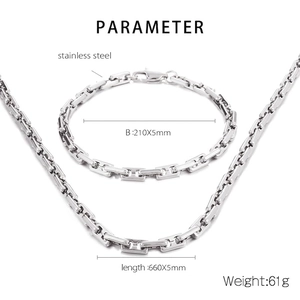 Detailed specs for 5mm stainless steel box chain necklace and bracelet jewelry set