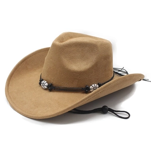 Chapeau de cowboy en daim marron avec ruban de marguerites et jugulaire noire réglable