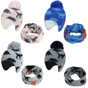 Winter set with knitted dinosaur hats and matching neck warmers for kids in four colors