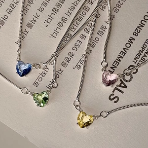 Colorful heart crystal necklace set with silver snake chains in four vibrant colors