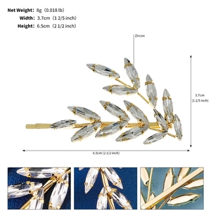 Detail showing golden leaf hairpin dimensions 6.5cm with sparkling zircon stones