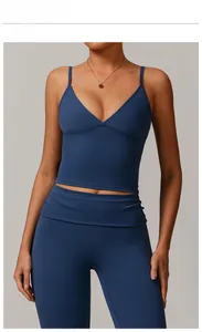 Close-up of recycled yoga tank top in mist blue with seamless stretchy fabric detail