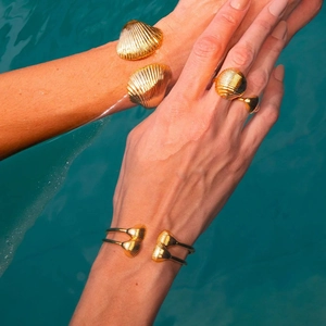 18k gold plated stainless steel seashell open bangles and ring set for women