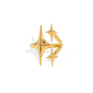 Polished 18K gold plated stainless steel open ring featuring a triple star geometric design