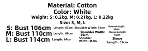 Detailed size chart for white cotton blouse with lace collar and lantern sleeves
