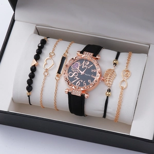 Women's 6-piece quartz watch set with black leather strap and beaded charm bracelets
