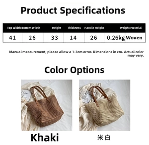 Detailed size specifications for large handmade woven straw tote bag for summer travel