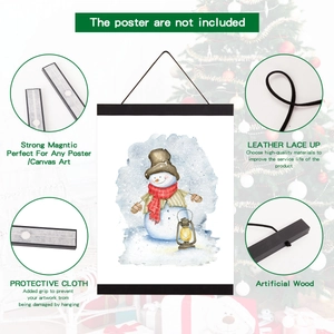 Detail of magnetic wood poster hanger with protective padding and leather hanging cord