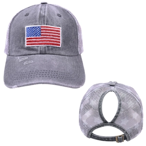 Detailed view of the distressed grey ponytail baseball cap with an American flag patch.
