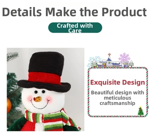 Close-up of cute Christmas snowman plush doll with striped scarf and tall black hat