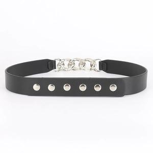 Women's black leather belt with punk style silver chains and metal rivets for dresses
