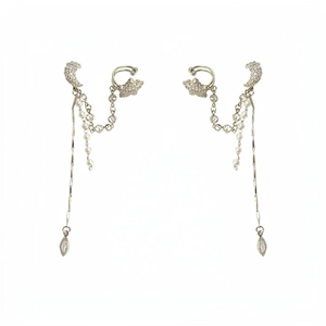 Elegant silver tassel earrings with ear cuff featuring star moon and pearls