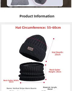 Detailed size chart for winter knit beanie and neck warmer set with acrylic blend material