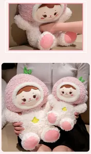 Detail showing plush peach doll resilience test and size comparison for girls