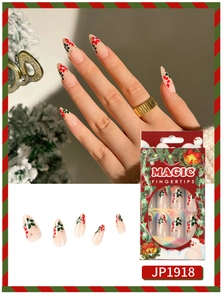 Christmas almond press on nails with red poinsettia floral art and gold foil accents