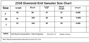 Detailed size chart for women diamond knit cardigan showing measurements in centimeters