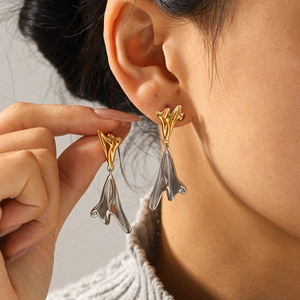 Irregular two-tone stainless steel drop earrings with gold and silver metallic finish