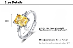 Detail view of 8mm rectangular yellow zircon ring with teardrop side stones and dimensions