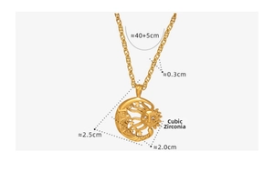 Detail showing dimensions of retro gold sun and moon pendant necklace with crystals