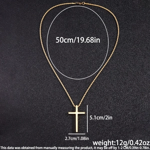 Detailed size chart for men's golden cross necklace with dimensions and weight specs