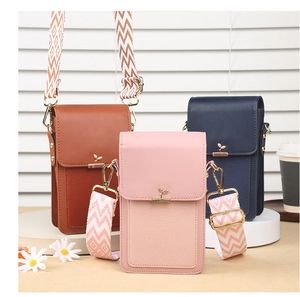 Three mini crossbody phone bags in brown, pink, and navy with golden leaf metal accents