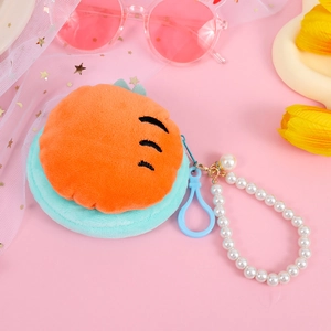 Cute plush carrot coin purse in orange and blue with pearl chain and blue clasp