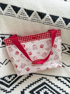 Detail of waterproof PVC tote bag with cute cherry dog print and red plaid trim edges