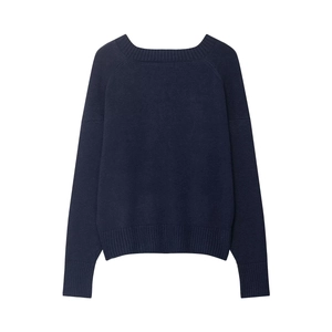 Detail of navy blue V-neck knit sweater showing ribbed cuffs and soft fabric texture