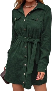 Close-up of dark green corduroy shirt dress with waist tie and utility pocket detail