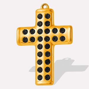 Detail of 304 stainless steel gold cross pendant with inlaid round black crystals