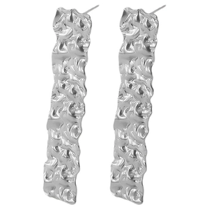 Vertical silver 304 stainless steel stud earrings with trendy lava texture and pleats