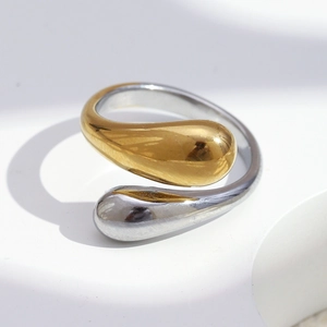 Minimalist bicolor 18K gold plated stainless steel double snake head open ring for women