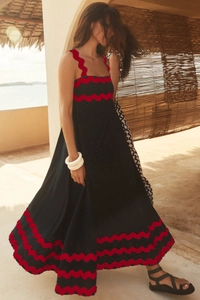 Detail of red zigzag embroidery and unique wave straps on this black summer maxi dress