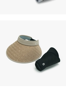 Detail of rollable straw sun visors in khaki and black with metal logo detail