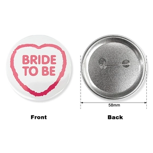 Detailed front and back view of 58mm Bride To Be tinplate badge with safety pin