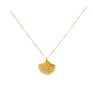Elegant 18K gold plated stainless steel shell pendant necklace with white diamonds