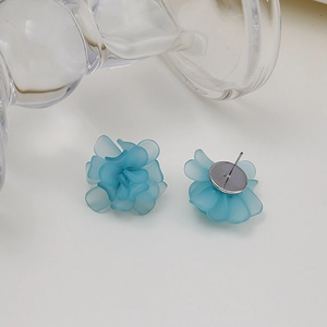 Frosted light blue flower earrings with 925 silver needles on a white background