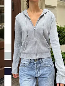 Sweat-Shirt À Capuche En Tricot Zippé Pour Femme Couleur Unie Manches Longues Mélange De Viscose Décontracté