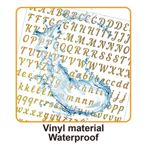 Waterproof gold glitter vinyl alphabet stickers showing splash effect on 0.5-inch letters