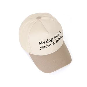 Détail du slogan brodé 'My dog said you’re a hoe' sur la casquette bicolore