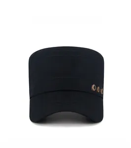 Front view of black flat top cadet hat with three vintage metal side buttons