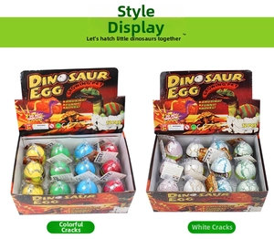Detailed view of the 12-piece dinosaur egg hatching toy set in colorful display boxes