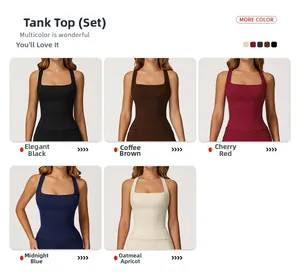 Close-up of five athletic ribbed yoga sets in neutral colors and square neck design