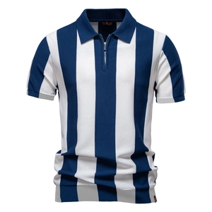Men Knit Polo Shirt Striped Vertical Short Sleeve Half Zipper Casual Lightweight Business Breathable Viscose Blend